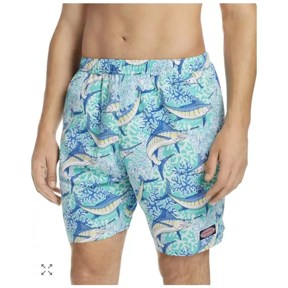 Vineyard Vines Swim Trunks Mens Small Marlin Coral Blue Green Board‎ Shorts